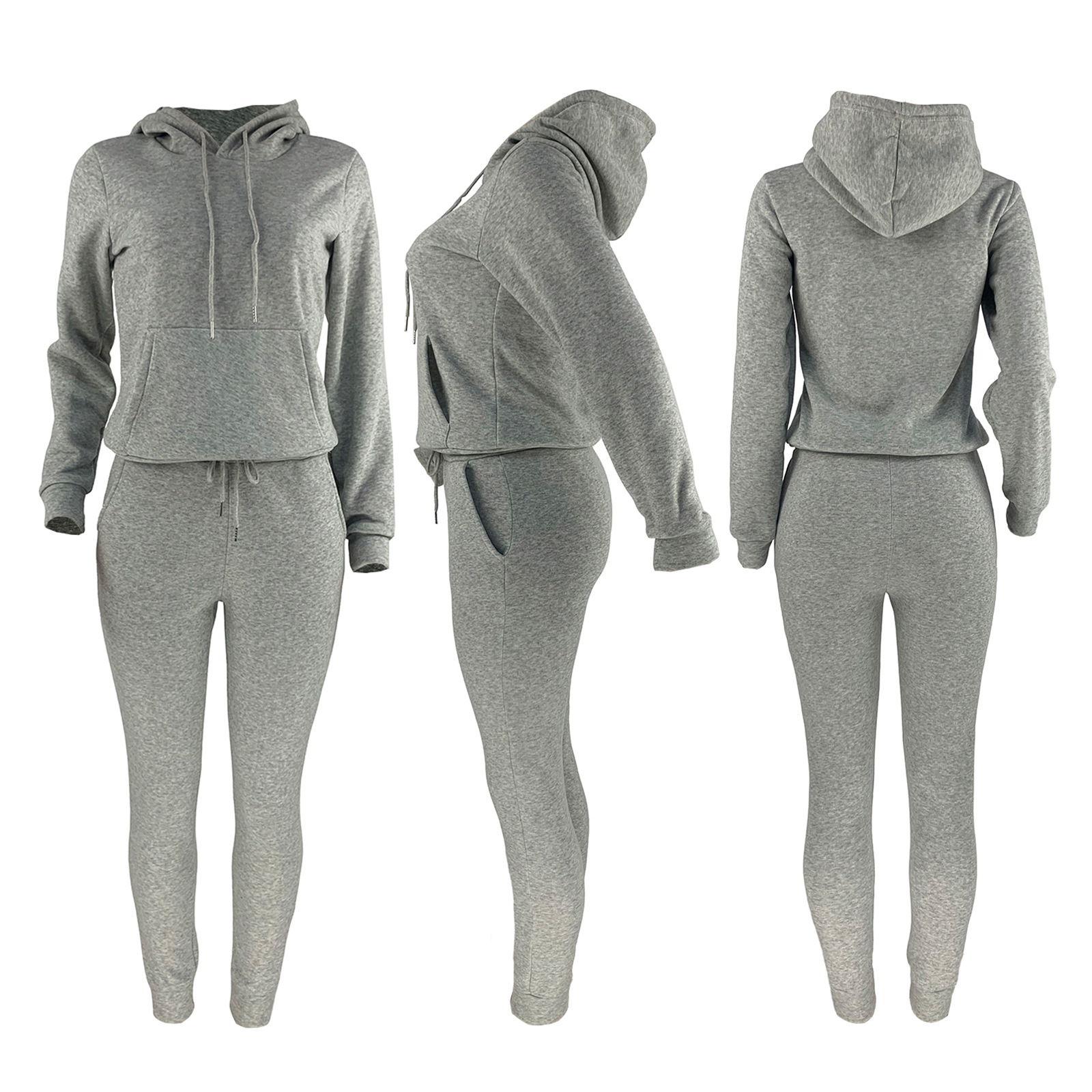 HR8197 European and American women's clothing  independent station supply autumn and winter plus velvet drawstring hooded two-piece set_voghion.com