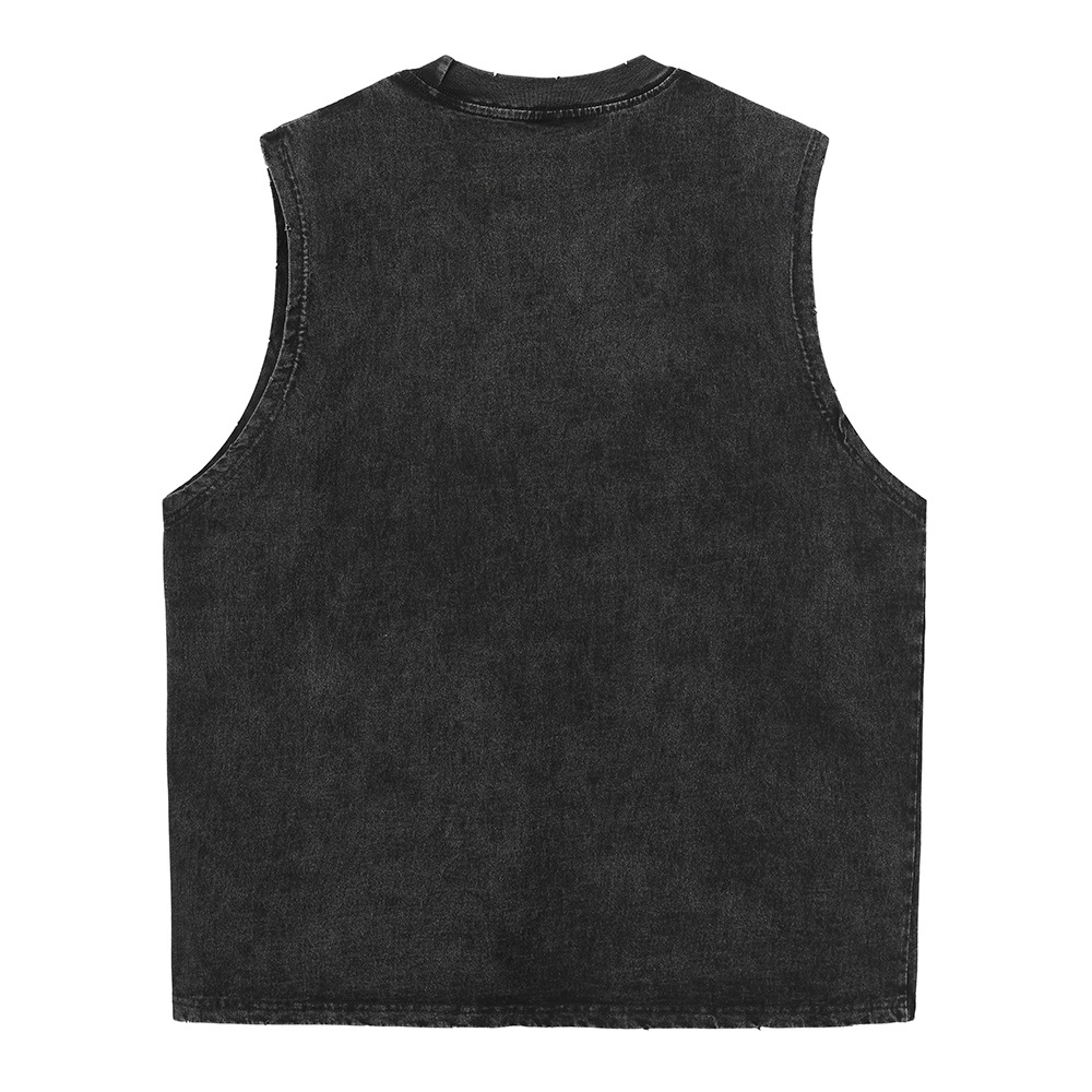 Cross-border heavy washing vintage distressed edging waistcoat ripped insect bite fashion brand loose sleeveless T-shirt for men
