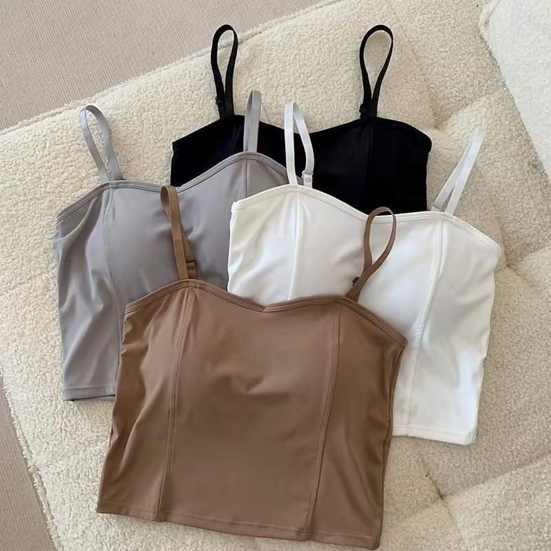 Beautiful Back Ice Silk Underwear Vest Sling with Chest Pad Women's Fixed Cup Comfortable Anti-Light Outer Wearing Solid Color Breast Wrapping Tube Top