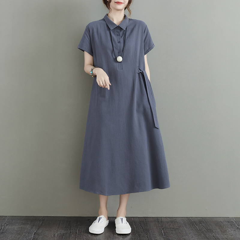Cross-border New Japanese Solid Color Cotton and Linen Lapel Short-sleeve Loose Pocket Women's Casual Dress