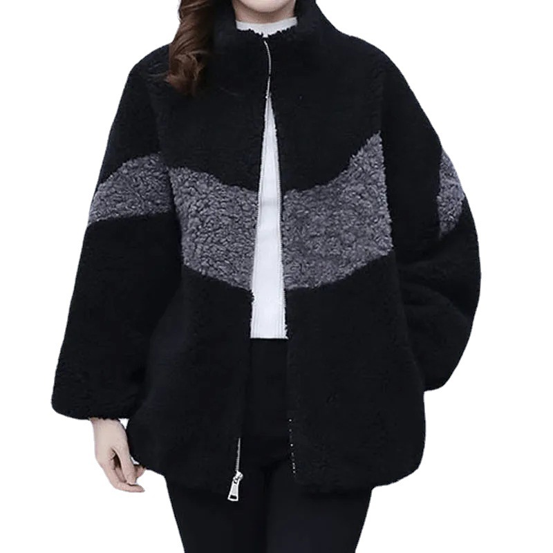 Lambskin coat for women, Korean style, new for autumn and winter, European and American style, cross-border Amazon, trendy, youthful, color-blocked overcoat