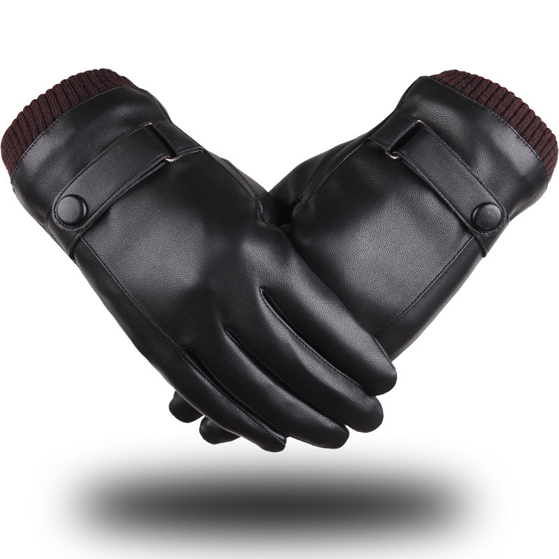 New autumn and winter PU touch screen gloves men's warm cycling outdoor sports Korean casual thickened cotton gloves