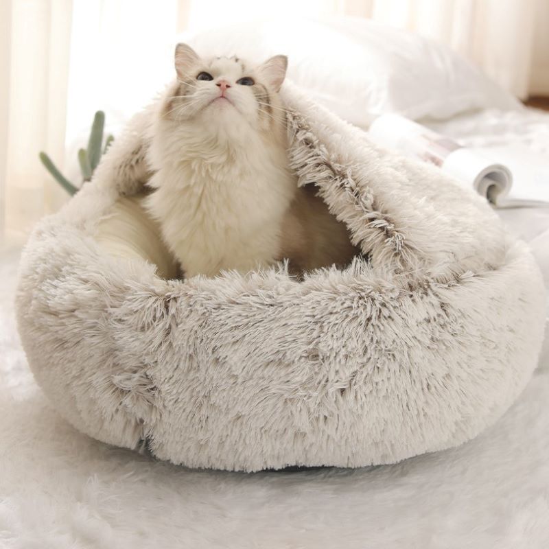 四季通用の猫の巣の貝殻の巣の長いぬいぐるみの半閉鎖の半分は蓋のペットの巣の保温の深い睡眠の猫のベッドを囲んでいます。|undefined