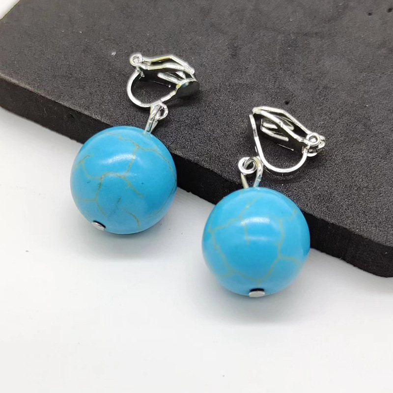 European and American cross-border children's clothing accessories, round bead ear clip earrings, retro ethnic style cracked turquoise earrings