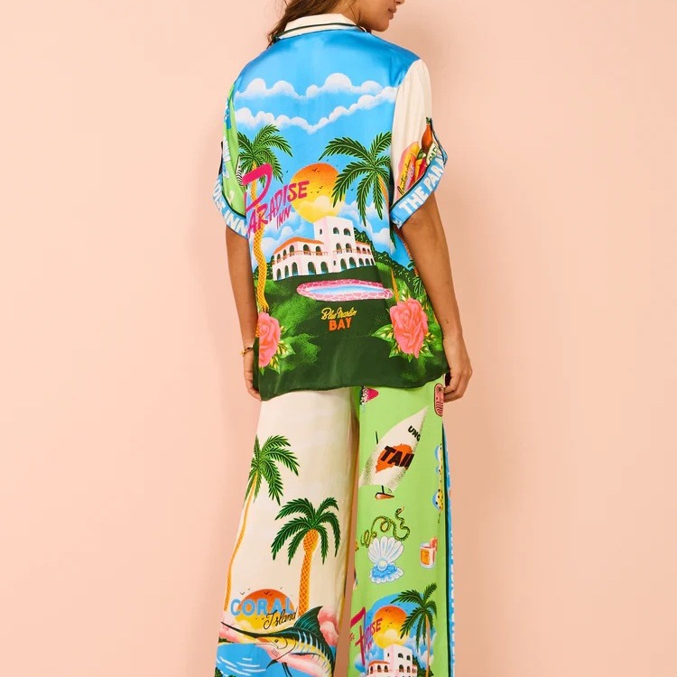 European and American cross-border 2024 independent station AliExpress fashion personalized printed short sleeve color matching vacation leisure lace suit