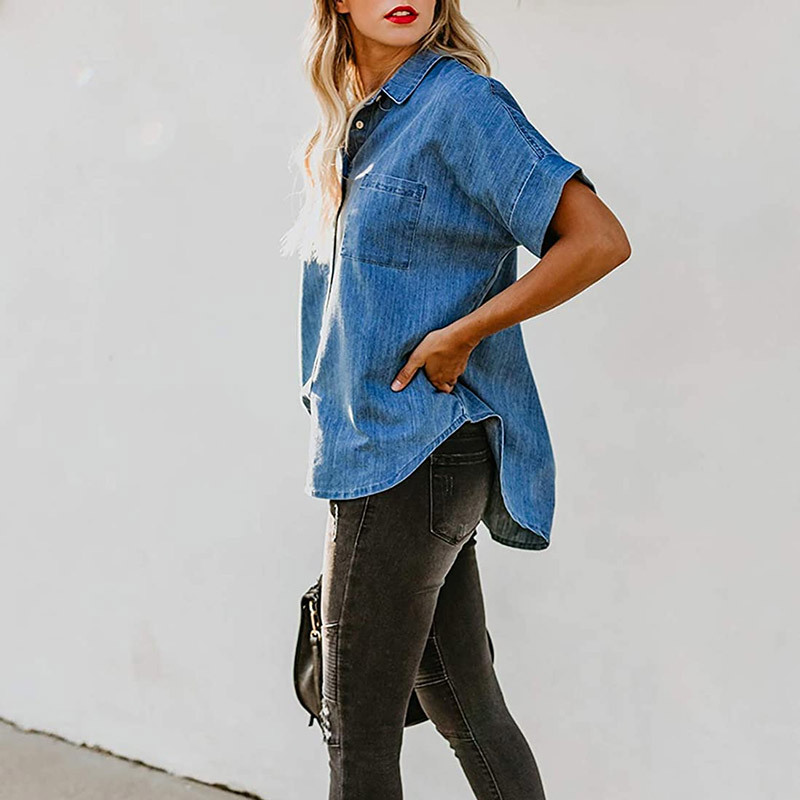 2023 Spring/Summer Independent Station Amazon Cross-border Lel Short-sleeved Denim Shirt European and American Loose Solid Color Top Women's Clothing