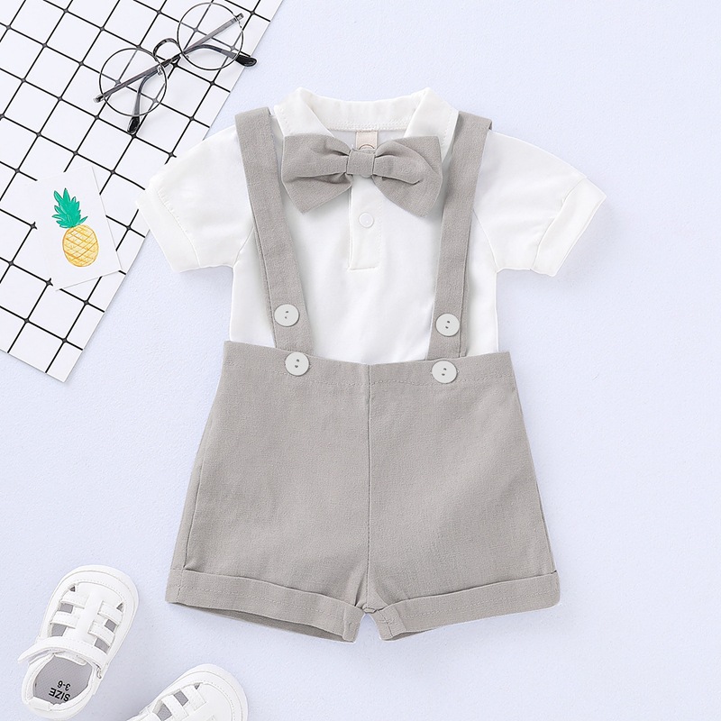 ins Explosive Foreign Trade Children's Wear Korean Style Summer Children's Suit Solid Color Short-sleeved Small Gentleman's Strap Pants