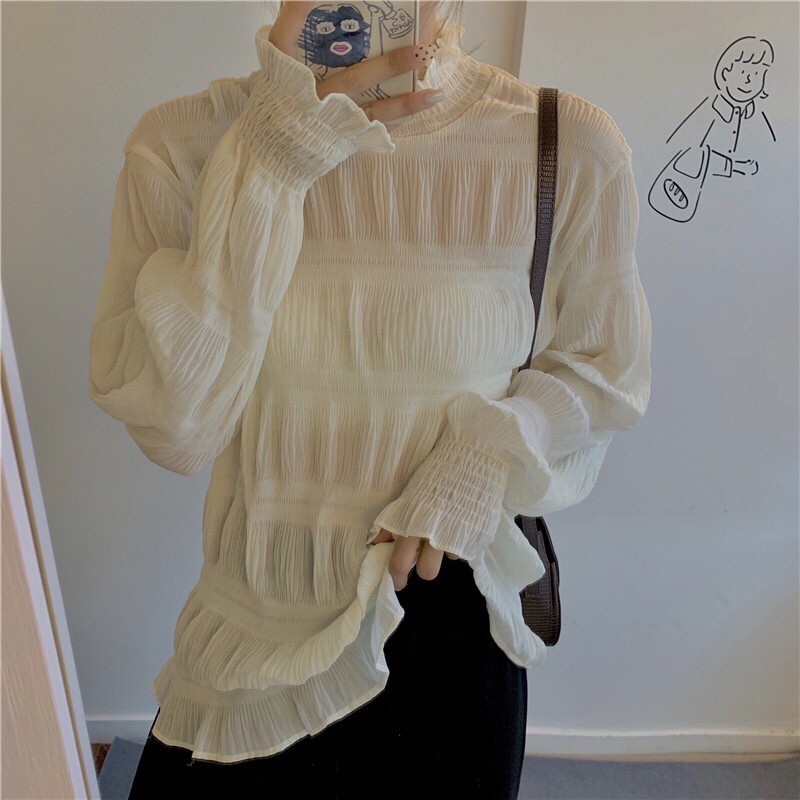 Western Style Super Fairy Loose Belly-Covering Chiffon Shirt Women's Spring and Autumn Half-High Collar Pleated Mesh Base Stacked Top for Women