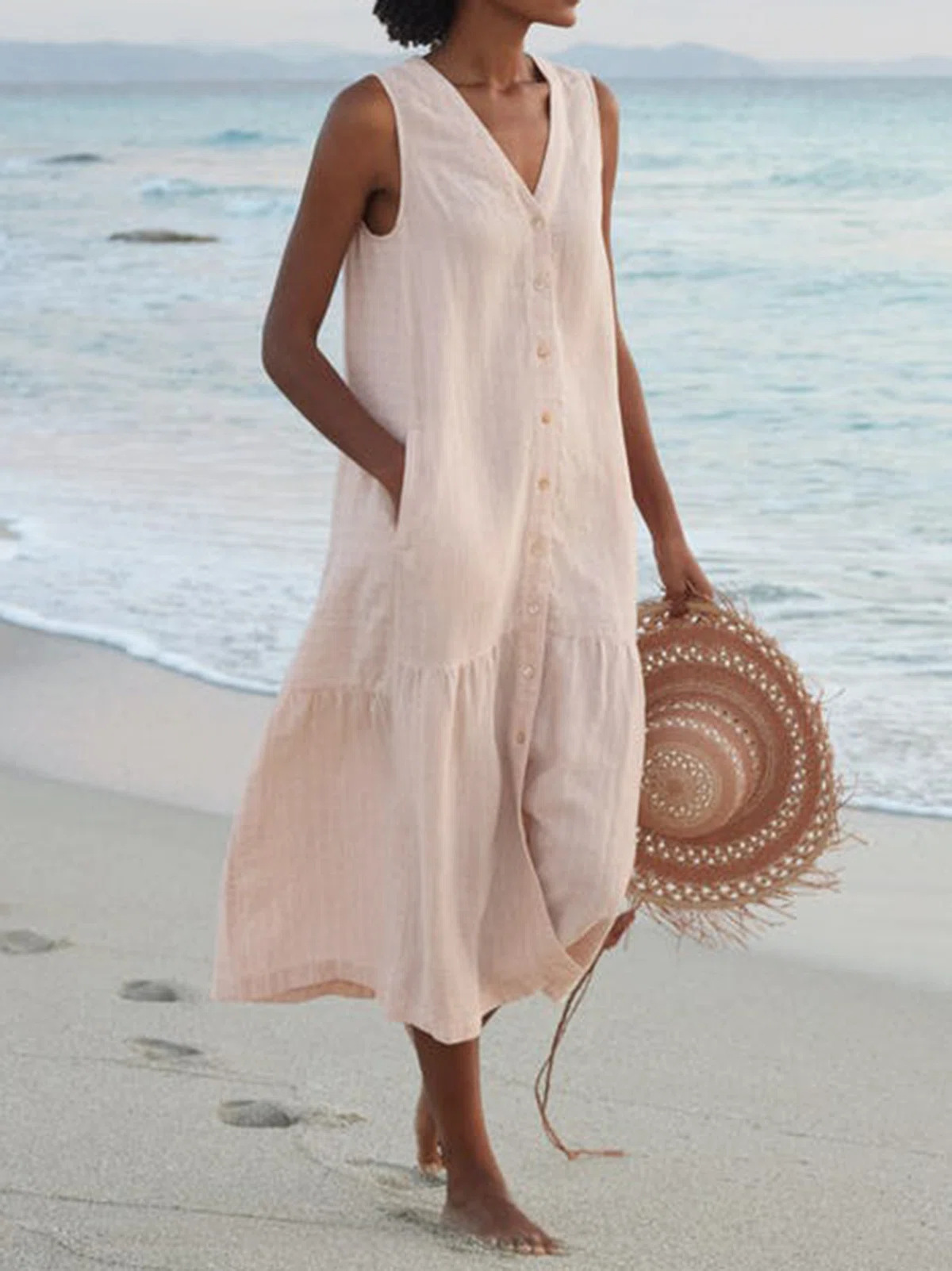 2023 Summer Foreign Trade Solid Color Cotton Sling Style Temperament Commuter Trendy Long Dress Loose Waist Pink Polka Dot Dress