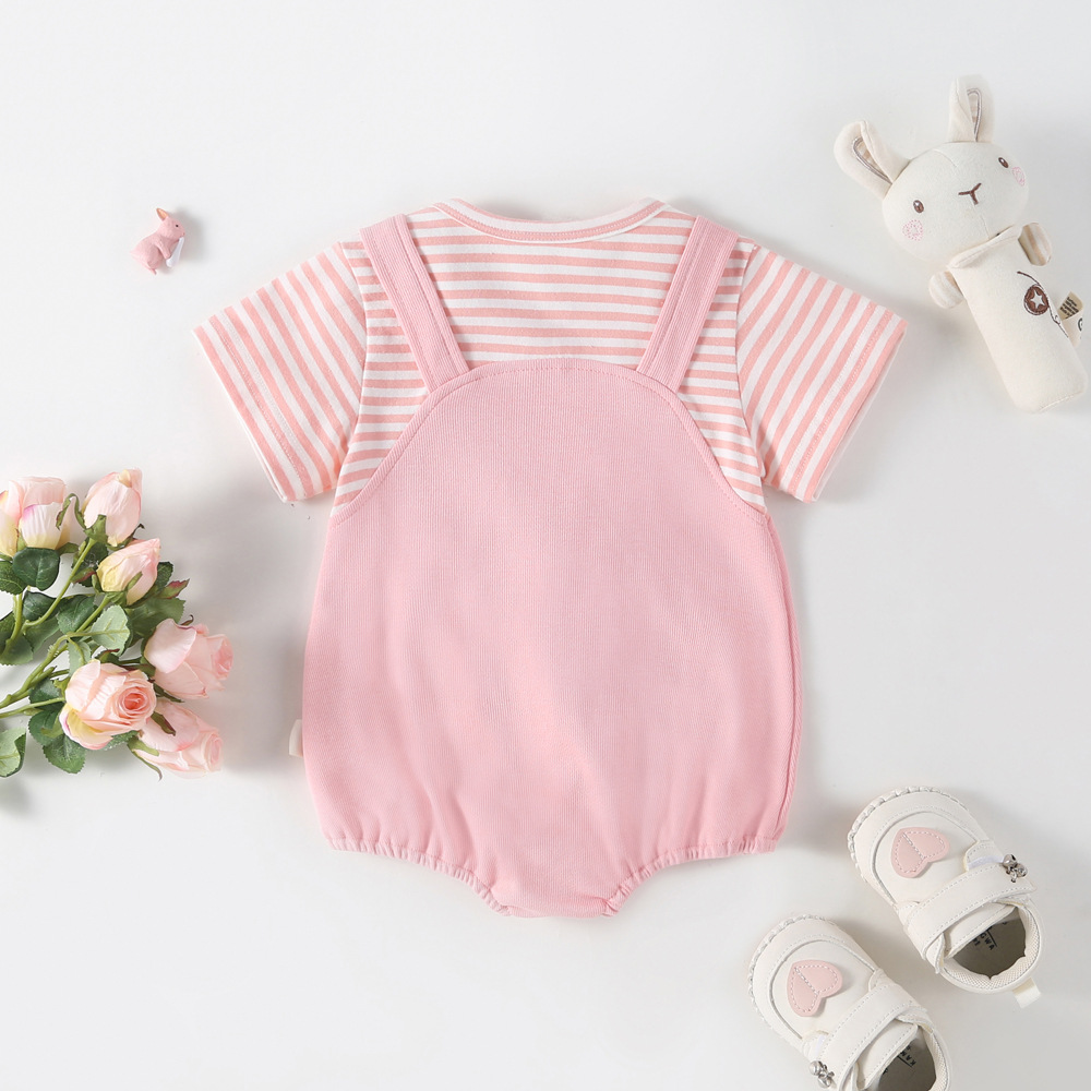 2024 summer jumpsuit fake two-piece package fart clothes baby girl cotton ha clothes thin one hundred days photo go out climbing clothes