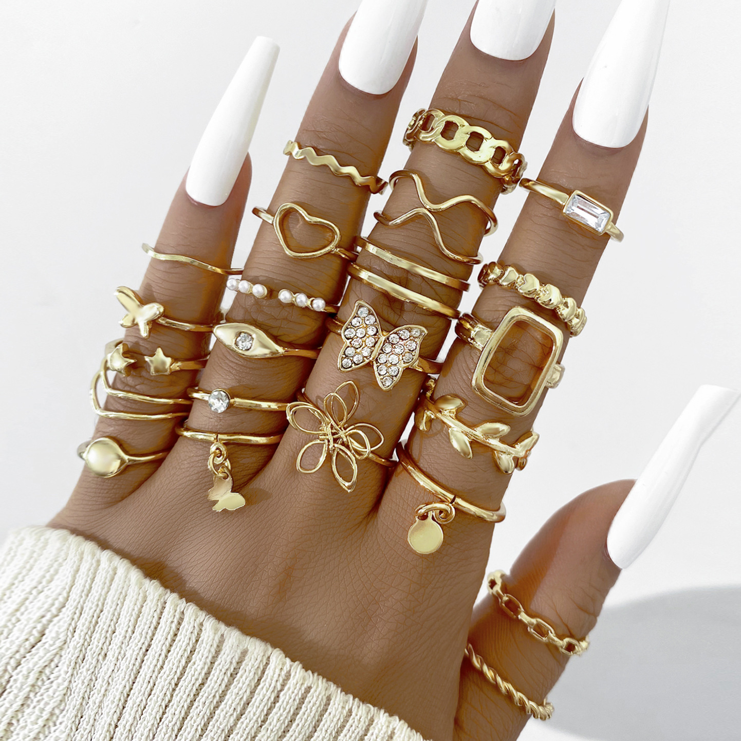 Creative personality geometric metal style stacked joint ring new alloy ring 23-piece set_voghion.com