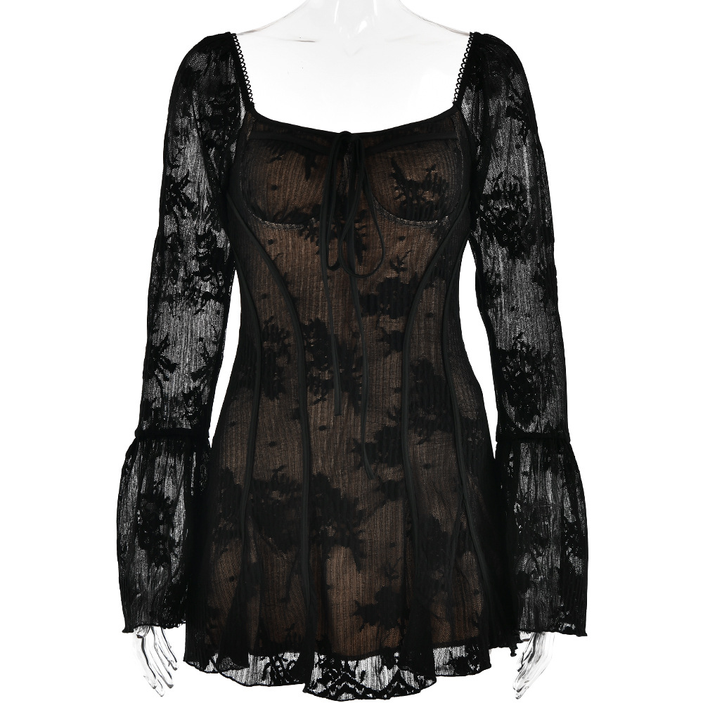 European and American ins lace new bell sleeve tube top dress sexy hot girl French casual backless hip skirt