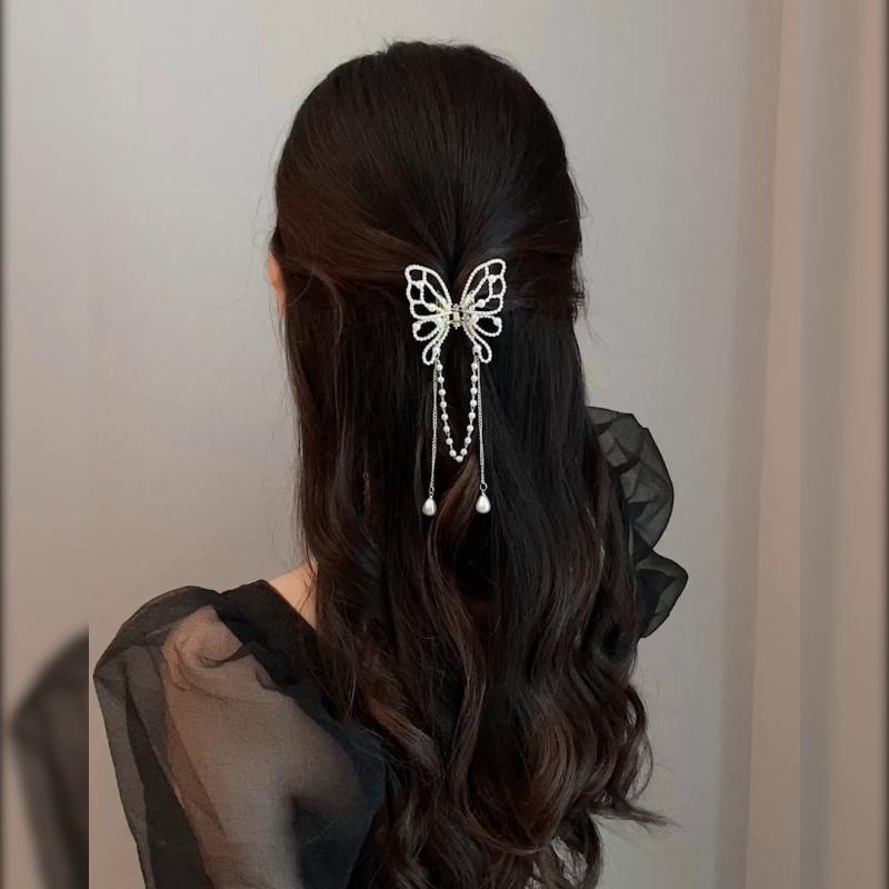 Korean style new Pearl butterfly tassel clip female light luxury back Head Small size hairpin elegant temperament shark clip net_voghion.com
