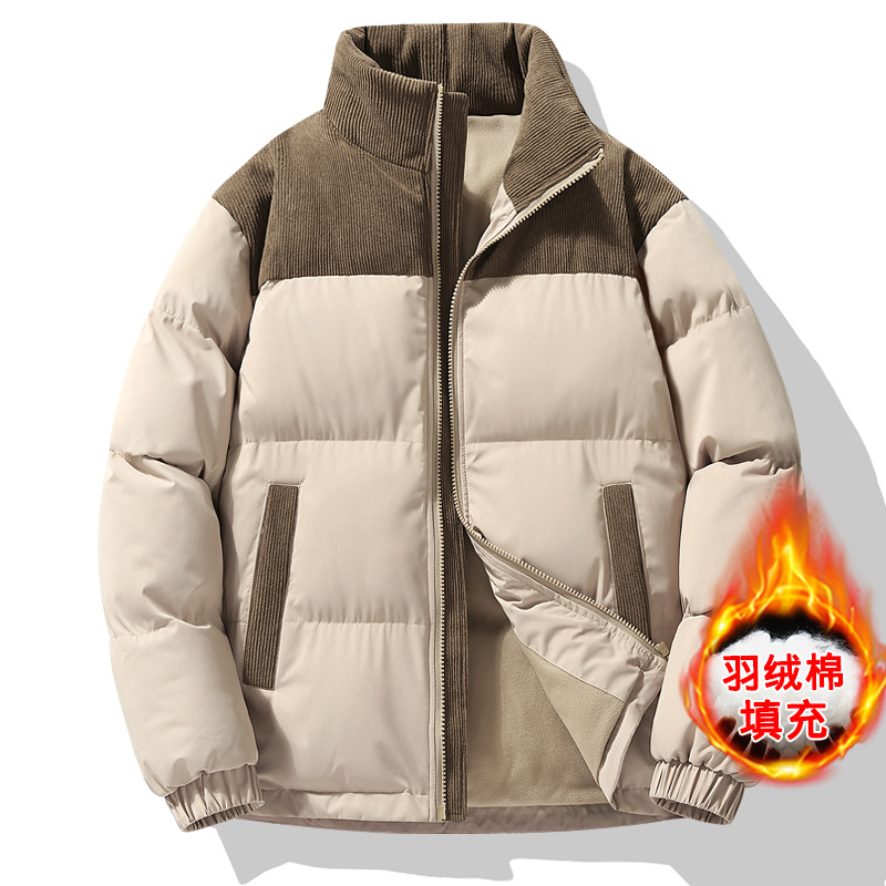 Couple's new cotton-padded coat men's corduroy stitching stand collar cotton-padded jacket loose plus size down cotton-padded jacket casual fashion brand coat