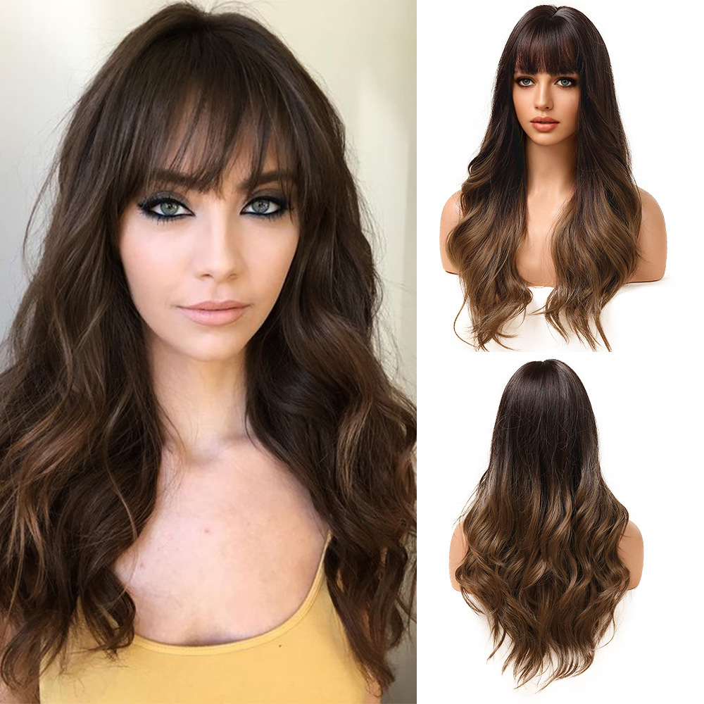 Amazon Hot Air Bangs Large Wave Long Curly Hair Gradient Brown Black Brown Multi-color European and American Wig Women