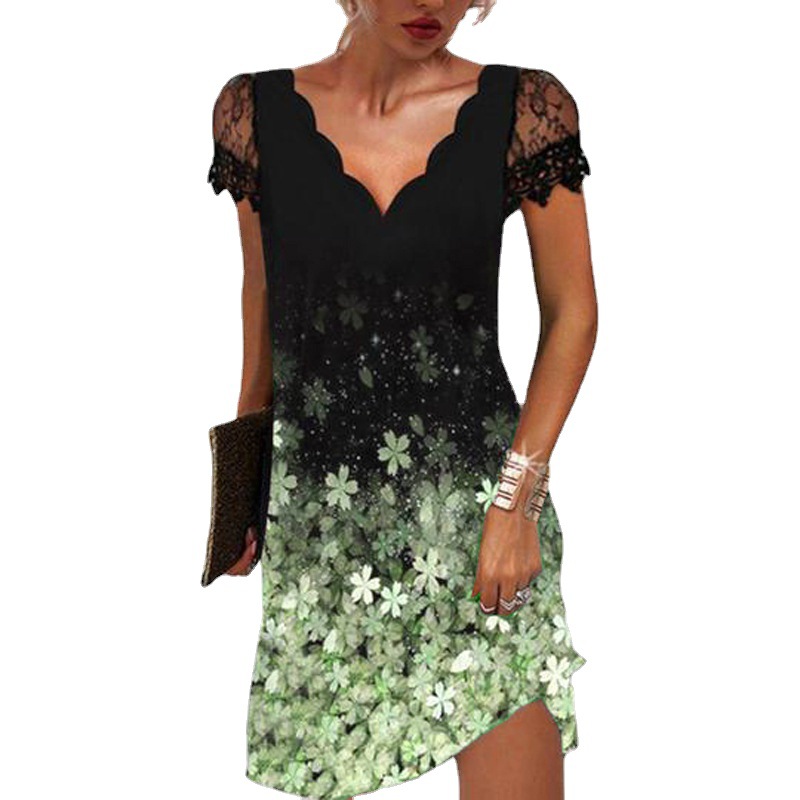 2022 Europe and the United States foreign trade cross-border women's clothing Amazon positioning printing wave V-neck lace stitching short sleeve dress