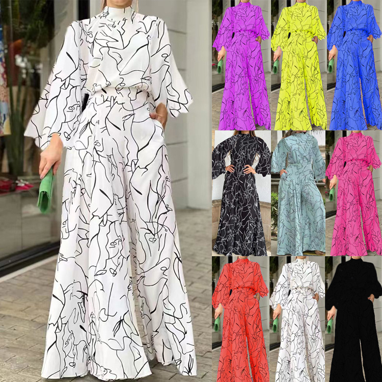 2022 Summer European and American Women's Clothing Amazon Elegant Elegant Waisted Lace-up Long Sleeve Neck Trousers Printed Jumpsuit