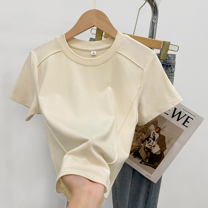 Solid Color Round Neck Short-sleeved Slim-fit T-shirt Women's 2024 Summer European-style New Style Age-reducing Fishbone Short Shoulder Shirt