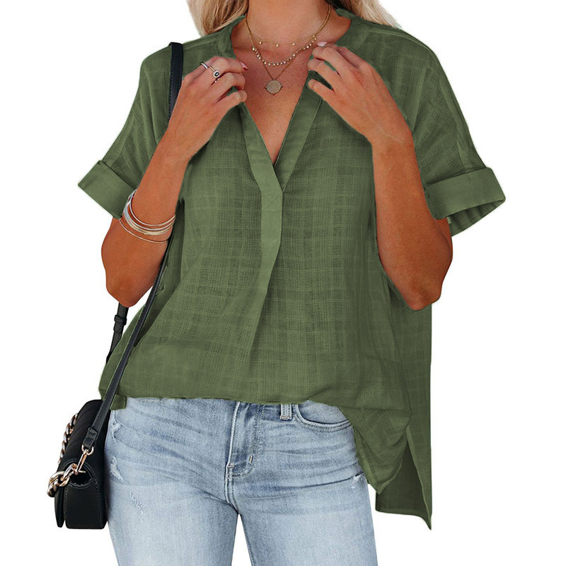 European and American Foreign Trade Women's 2023 Amazon Summer New Short-sleeved Thin V-neck Pullover Shirt Loose Shirt for Women