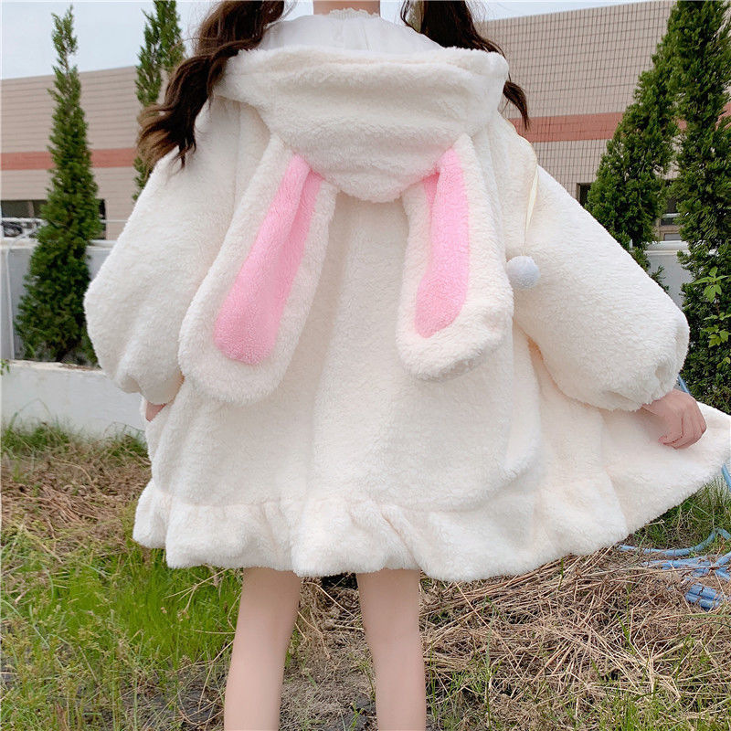 Japanese Style Cute Rabbit Ears and Velvet Thickened Lambcock Sweatshirt Women's Dummy Soft Girl's Age-reducing Coat Autumn and Winter Fashionable