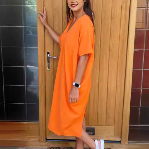 2024 spring and summer new European and American Foreign trade Women's V-neck short sleeve Ice Silk dress cross-border solid color casual midi dress