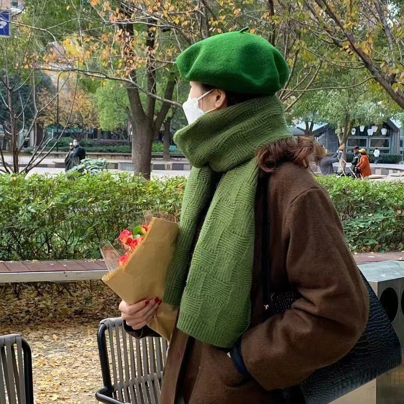 Pure color dark green Chanel style plaid wool knitted scarf for women winter red plaid for boys warm scarf