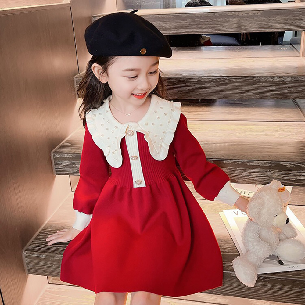 2024 spring new dress long sleeve beaded collar baby Western style dress little girl princess children sweater dress