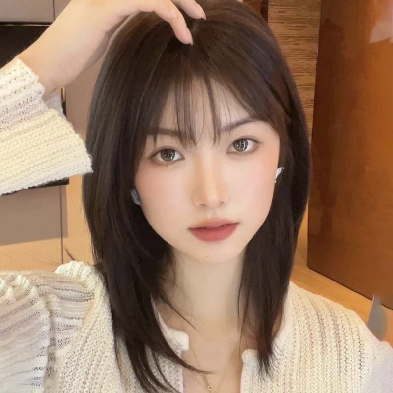 Wig women's short hair net red clavicle hairstyle full head cover age-reducing natural round face wave head mid-length hair wig