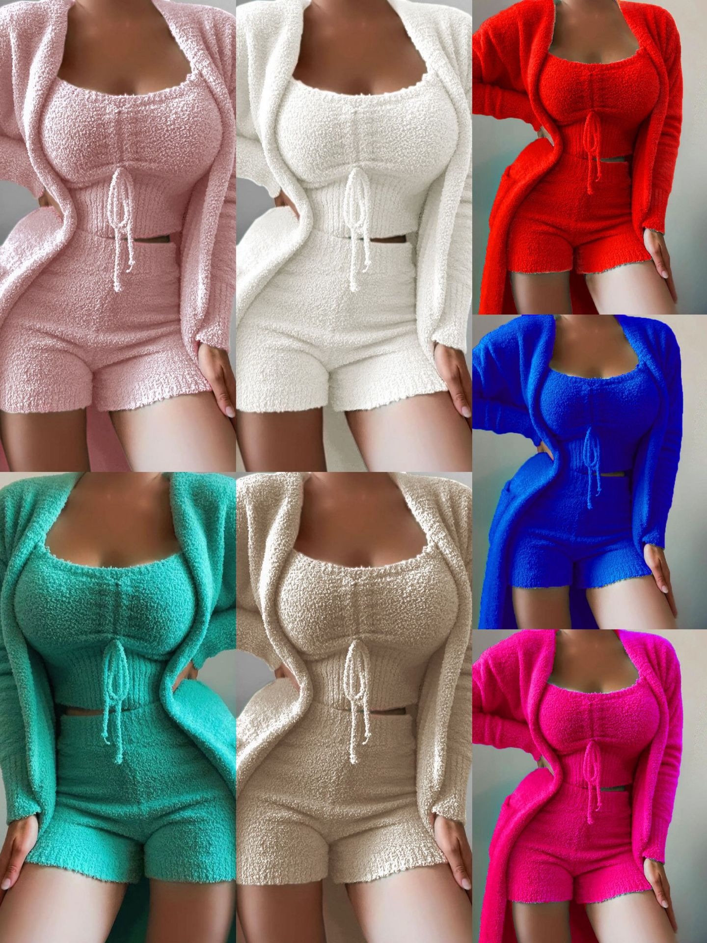 2024 new cross-border women's plush three-piece lace-up pajamas set casual suit home clothes a generation of hair
