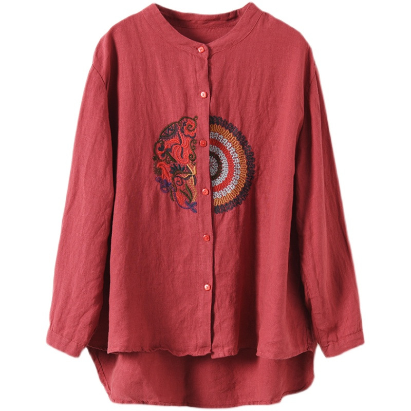 Casual Large Size Artistic Cotton and Linen Long-sleeved Shirt Women's 2023 Spring and Autumn New Loose Slim Embroidered Top Base