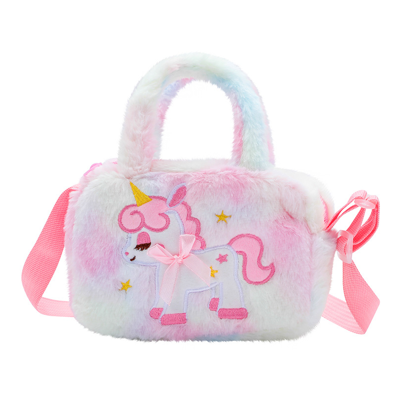 New Small Square Bag Cute Handbag Children's Cartoon Unicorn Plush Square Shoulder Bag Kindergarten Girls Crossbody Bag