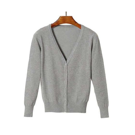 2023 Korean style large size women's v-neck spring and autumn knitted cardigan women's solid color long sleeve v-neck thin sweater in stock
