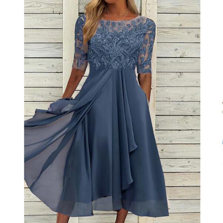 2023 European Station Cross-border Amazon Dress Chiffon Stitching Lace Hollow Dress Bridesmaid Evening Dress Women's Dress