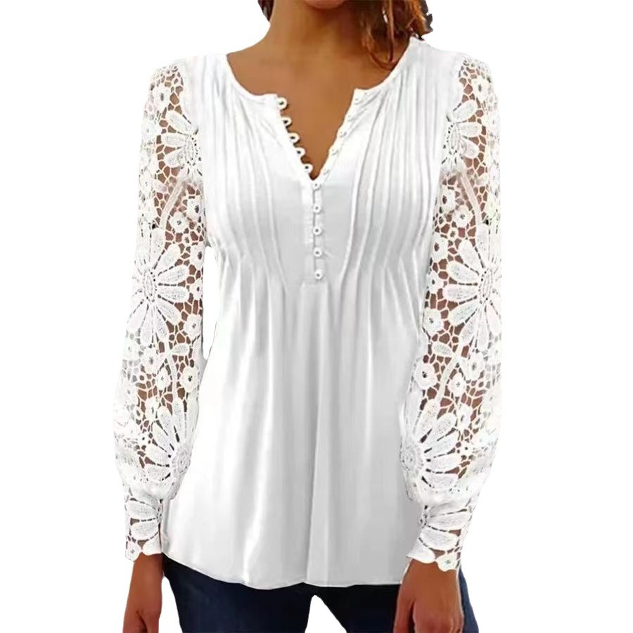 2023 Cross-border European and American Spring and Autumn Fashion New Women's Lace Sleeve Pleated Solid Color Button T-shirt Base Shirt