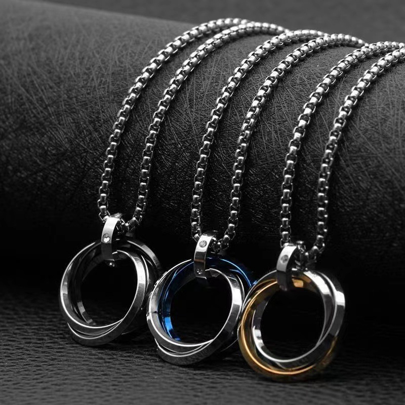 European and American stainless steel three-ring necklace hot-selling simple non-fading hip-hop titanium steel necklace diamond pendant for boys