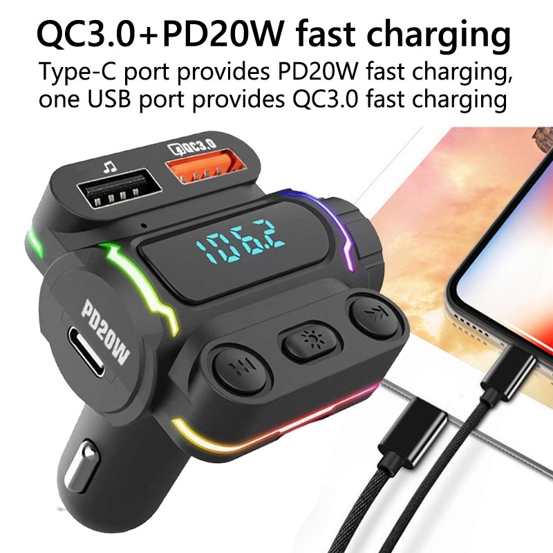 Car Bluetooth hands-free FM transmitter Car Mp3 music player QC3.0 fast Car charger PD20W dual output