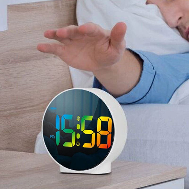 Simple English LED colorful lights mirror clock compact digital desktop clock fashion round electronic clock dual alarm clock