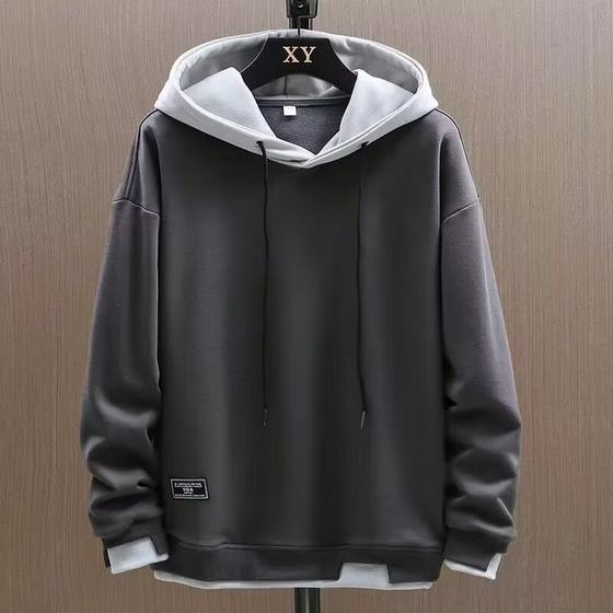Fake two-piece sweater men's trendy 2023 thin fashion brand men's spring and autumn casual loose hooded jacket