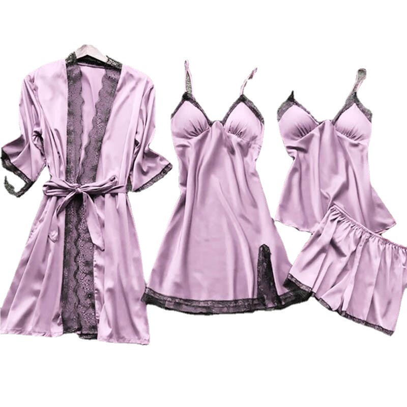 Cross-border Pajamas Women's Sexy Pajamas Four-piece Set Korean-style Sling Pajamas Women's Home Clothes with Chest Pad Nightgown 2023