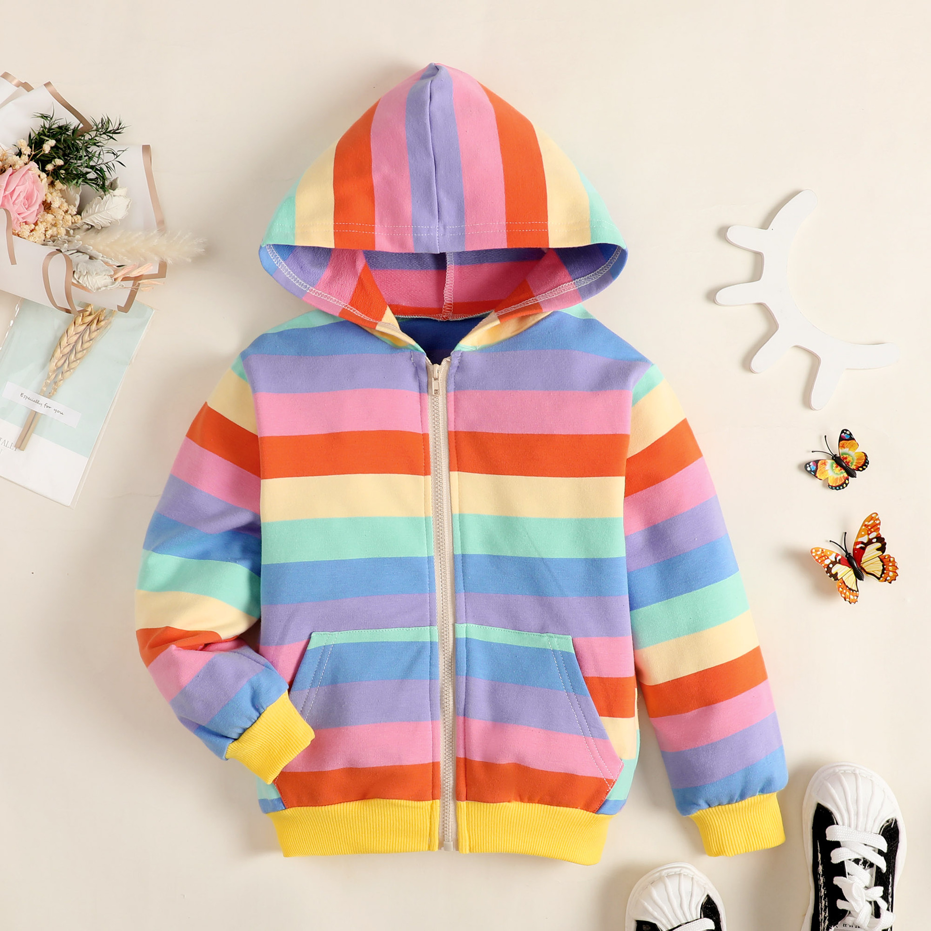 Girls' Spring and Autumn Coat 2022 New Children's Western Style Top Baby Korean Rainbow Cotton Sweater Zipper Shirt