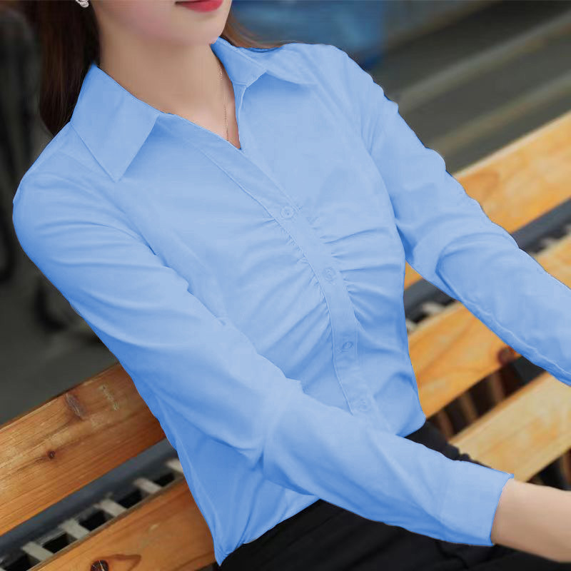Design Sense White Pleated Women's Long-sleeved 2024 Spring New Slim-fit Slimming Lapel Micro-elastic Base Top Shirt