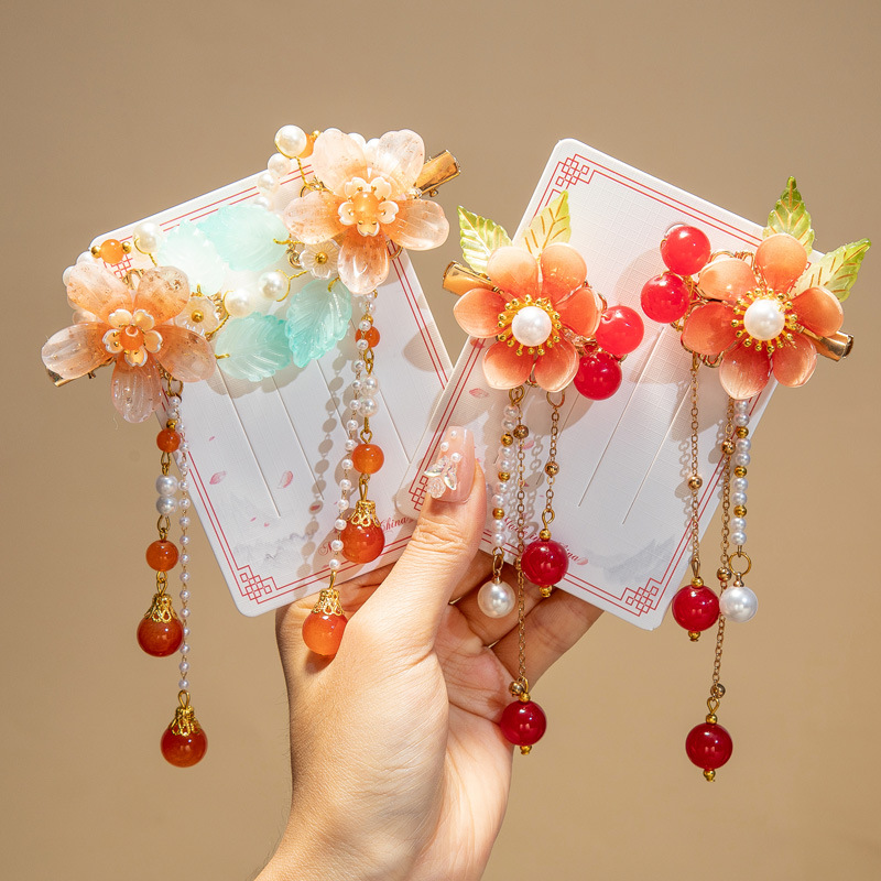 Children's retro Hanfu hair accessories little Princess New Year tassel hairpin headdress Super fairy little girl glass headdress Flower hairpin