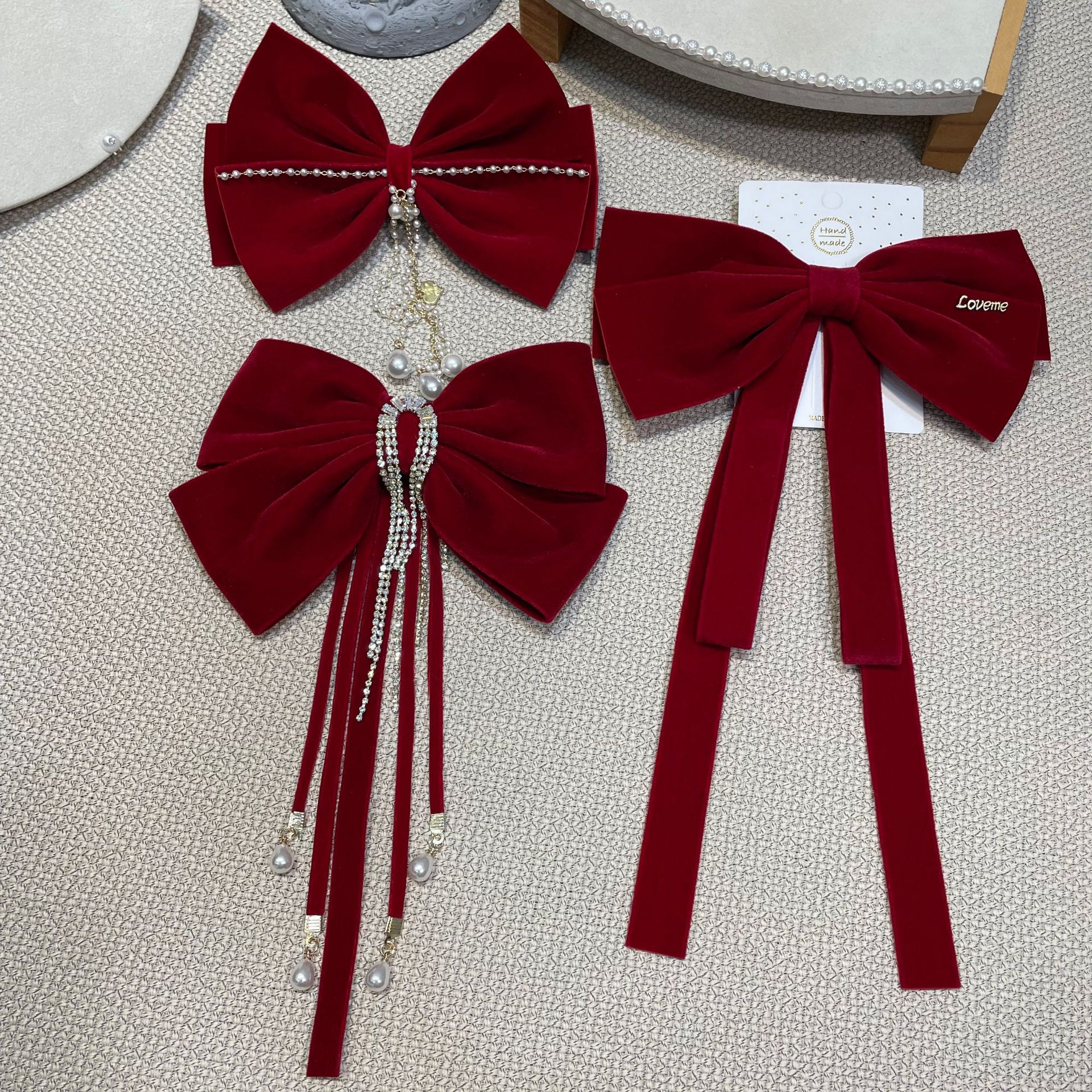 網紅新款酒紅色長飄帶鑲鑽質感流蘇髮夾新娘訂婚敬酒服頭飾髮飾