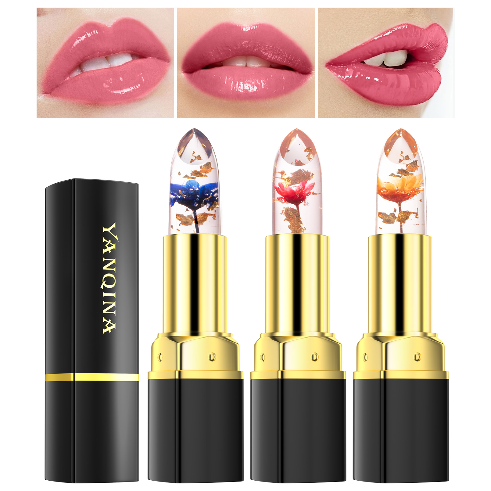 YANQINA flower jelly lipstick gold foil lipstick color change does not decolorize moisturizing waterproof non-stick cup lip mud makeup
