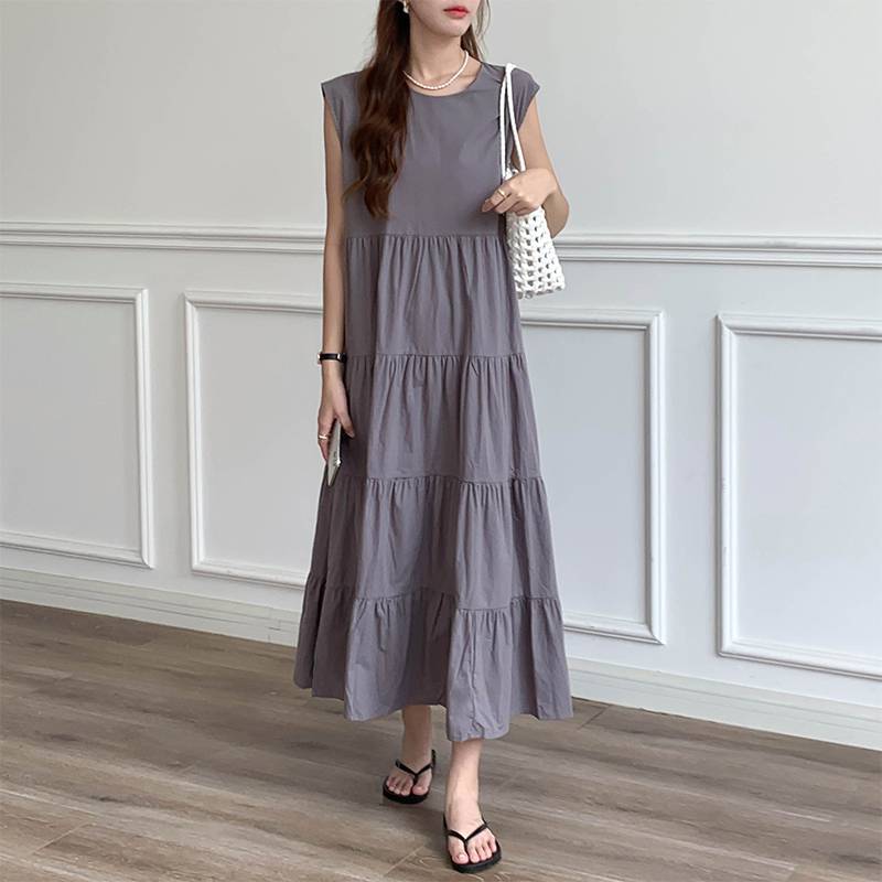 2024 Stitching Pullover Solid Color Long Dress Sleeveless Commuter Round Neck dress
