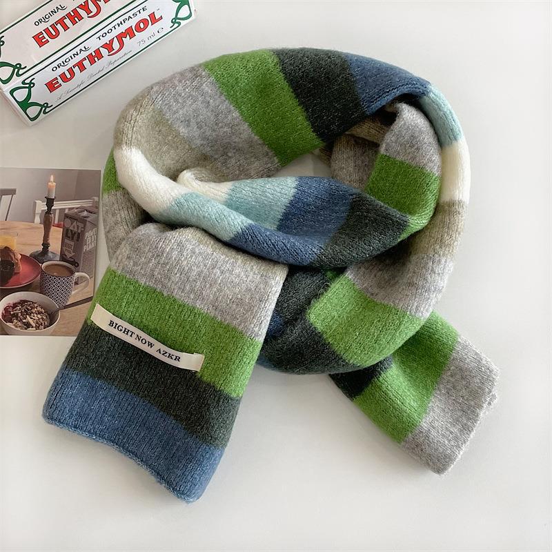 Rainbow Strip Mohair Scarf Women's Winter Korean Color Block Striped Wool Short Neck Student Warm Short Scarf for Men