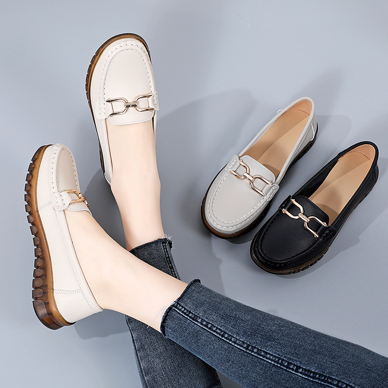Весна 2023 новые женские одиночные туфли Bean Shoes в Корейском стиле с металлическими ножками белые туфли для мам Пригородные туфли с мягкой поверхностью и мягкой подошвой