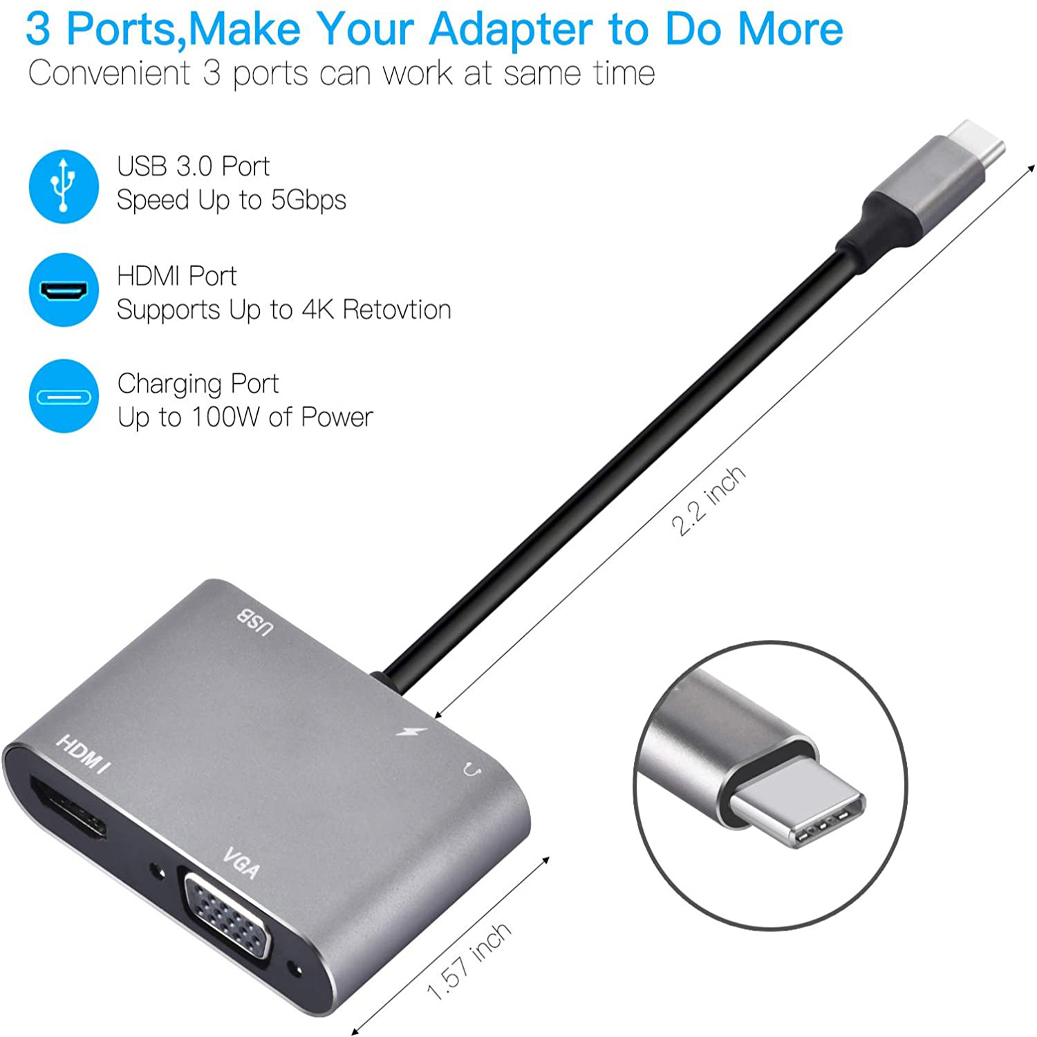 五合一Typec轉VGA HDMI4k筆記本多功能轉換器USBC3.0拓展塢pd快充