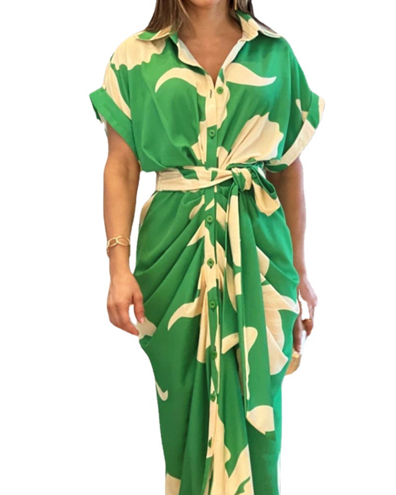 Amazon European and American 2024 Summer new women's shirt tight waist short sleeve dress lapel printed holiday dress