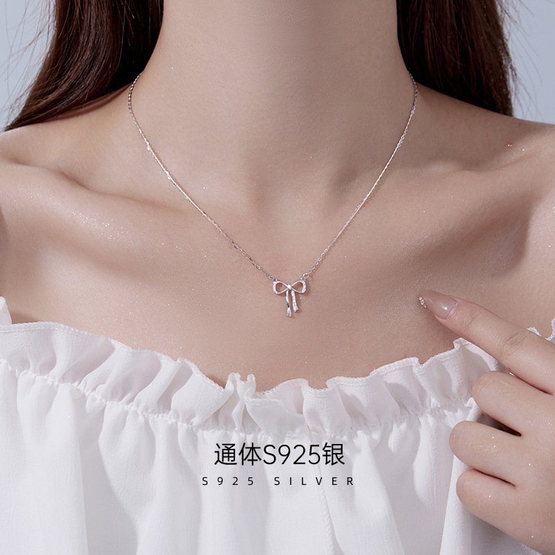 925純銀項鍊女蝴蝶結輕奢高級感ins小眾冷淡風精緻鑲鑽鎖骨鏈禮物